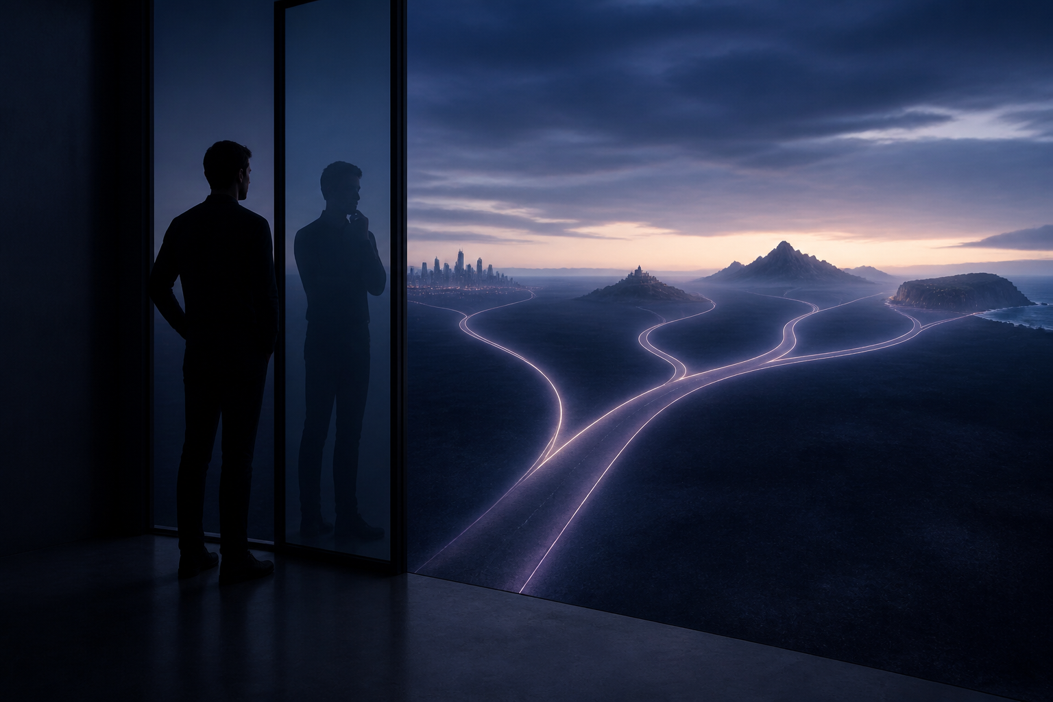 Una persona y su reflejo observan caminos luminosos que conducen hacia distintas posibilidades