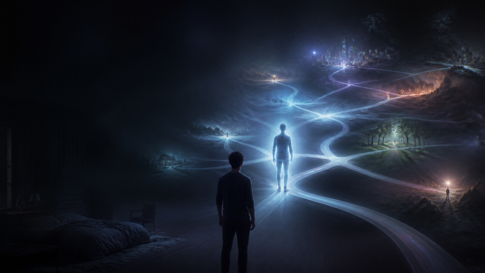 Una persona contempla una versión luminosa de sí misma entre caminos que representan futuros posibles