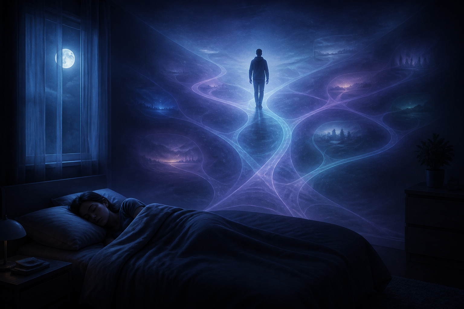Una persona duerme mientras una figura simbólica recorre caminos que representan diferentes futuros