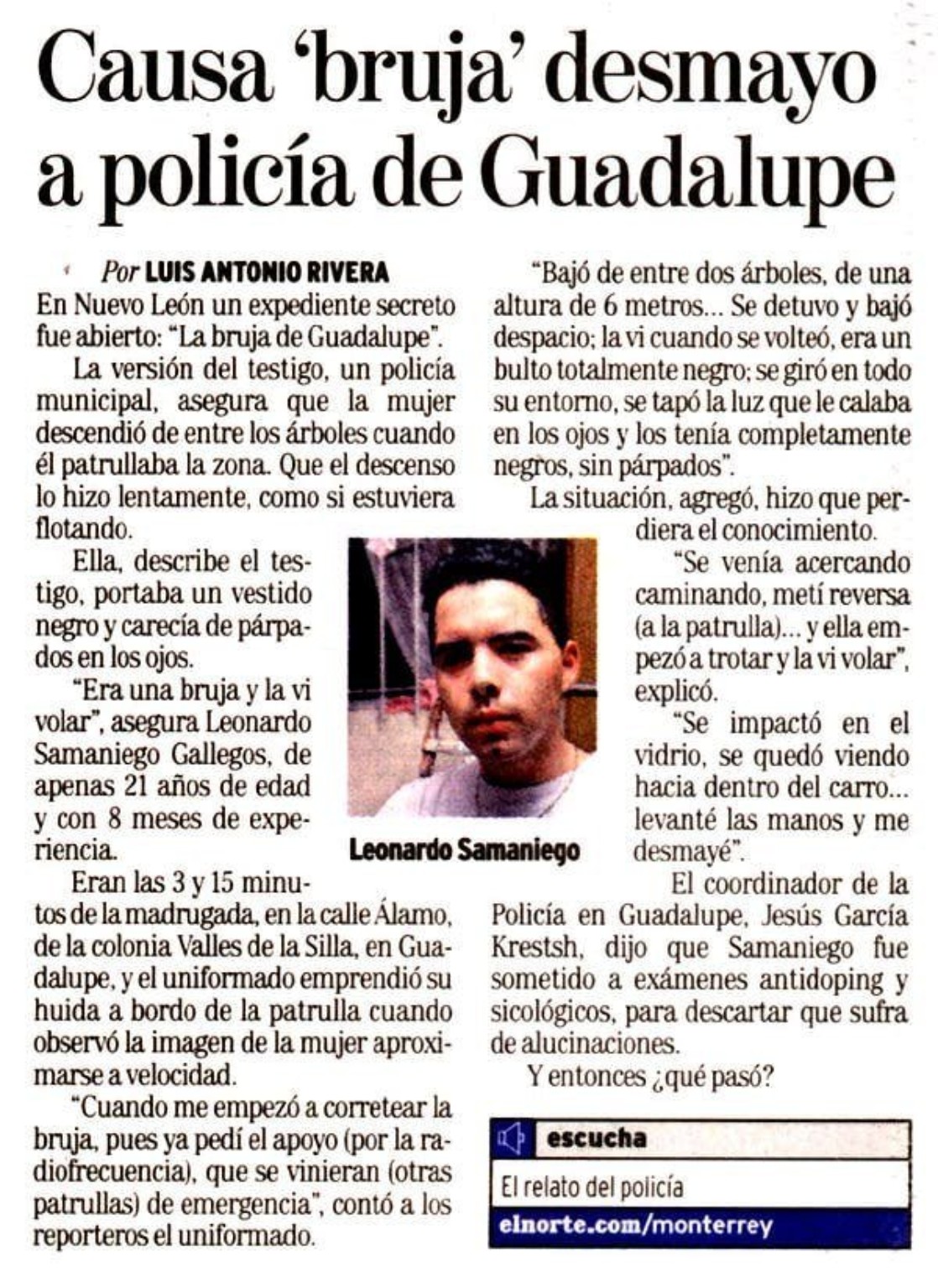 Recorte de El Norte con el encabezado Causa bruja desmayo a policía de Guadalupe y una fotografía de Leonardo Samaniego