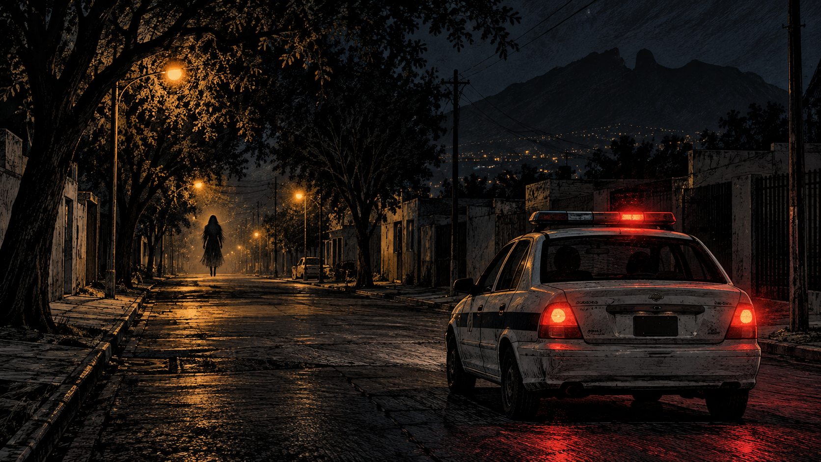 Recreación artística nocturna de una patrulla retrocediendo ante una figura suspendida en una calle de Guadalupe